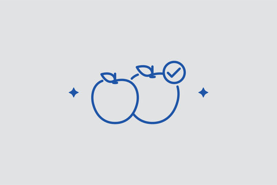 Apples with checkmark line icon for quality-controlled fruit production and organic certification. Healthy vector illustration for grocery store app categories and orchard safety standard reports.