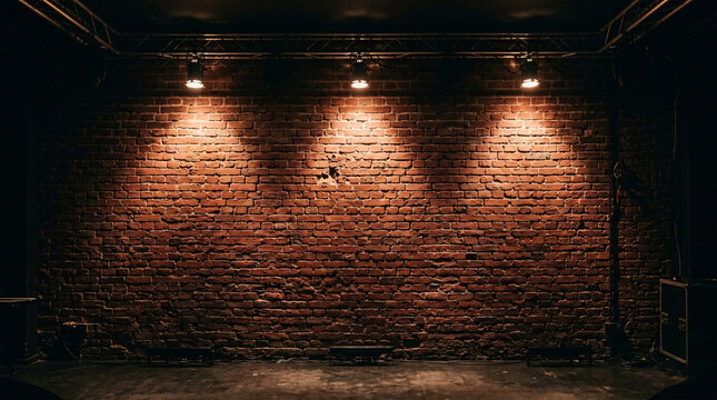 Empty comedy club stage with exposed red brick wall lit by three warm overhead spotlights, industrial venue.