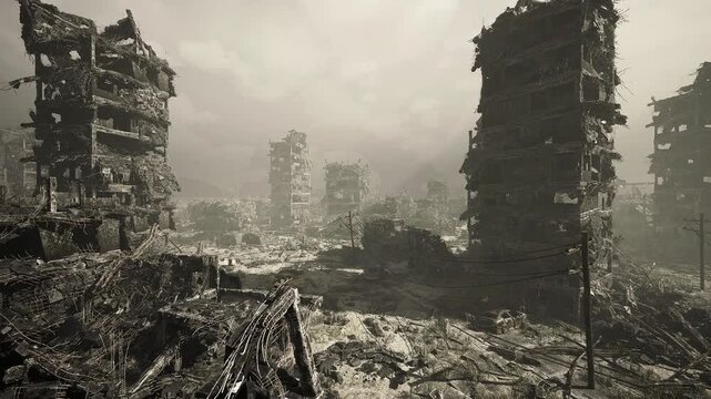 Ominous towers rising through creeping foliage and broken infrastructure, low sun and heavy clouds, cinematic gritty texture, atmosphere of ruin and persistent