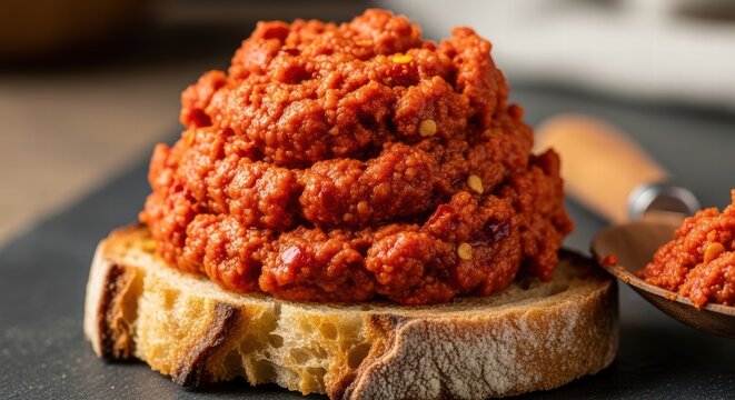 Sardella Calabrese spread on rustic bread, a spicy Italian delicacy