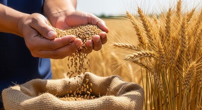 Asian male farmer pouring wheat grains into burlap sack in sunlit field, traditional harvest and agriculture