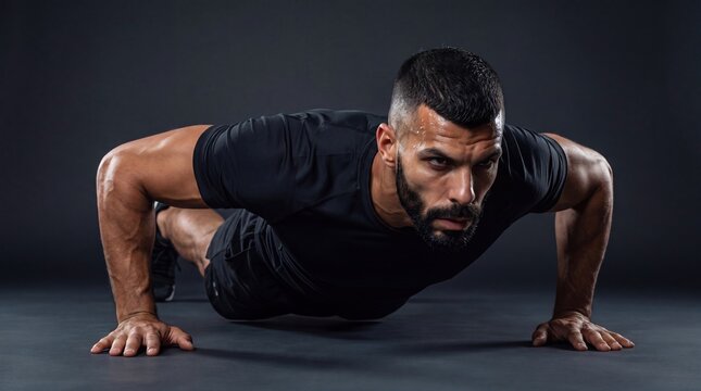 A muscular Middle-Eastern man performs push-ups on a dark background. He wears a black athletic shirt and shorts, showcasing strength and fitness.