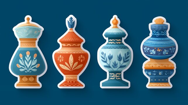 Colorful decorative vases with intricate designs on a blue background.
