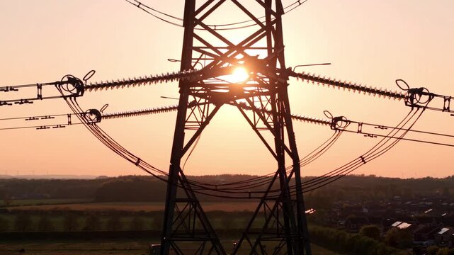 Aerial view close up of a silhouetted high voltage powerline with golden hour sunset beaming through the steel lattice UK