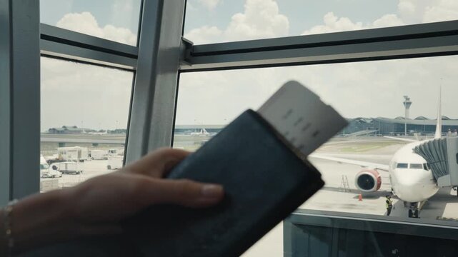 Traveler holding passport and boarding pass at airport window