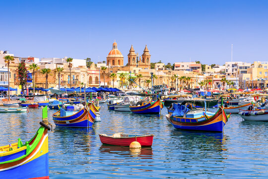 Malta, Marsaxlokk. Traditional fishing boats in the Mediterranean Village.
