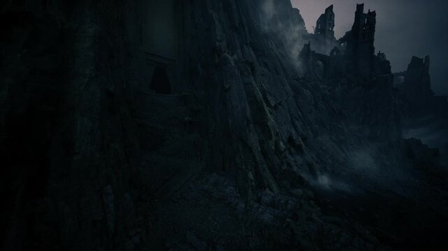 Twilight spire silhouettes above stormy sea, distant towers and jagged promontories piercing mist, brooding palette and cinematic contrast evoke myth