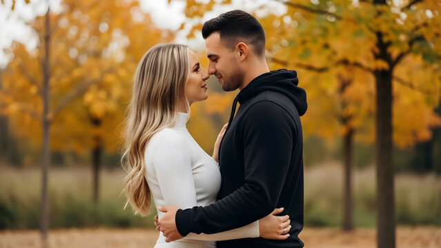 Couple shares romantic kiss in autumn park with trees and foliage