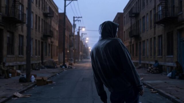 Solitary Figure In Abandoned Neighborhood. Lone Person Stands Amid Decay And Faint Lighting Shadows