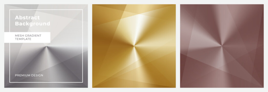 Modern metallic gradient backgrounds set with radial glow and subtle geometric facets in silver and bronze tones. Clean reflective surfaces with smooth light transitions. Minimal premium foil textures