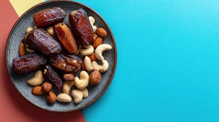 Fototapeta premium Close up of dates and nuts arrangement on a plate against a colorful backdrop