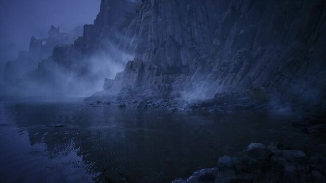 dense fog over coastal cliffs with mirrored water, soft gradients of blue, wet rock textures and distant obscured ridgelines creating subdued tension.