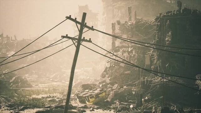 ruined street with leaning pole former transit corridor turned wasteland, morning haze envelops rubblestrewn avenue between crumbling buildings, sagging power