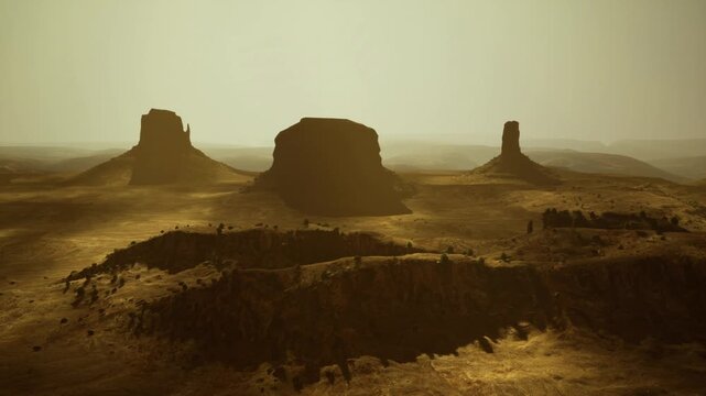 hazy plateau with distant mesas and diffused sunlight creating cinematic solitude, soft sepia tones and layered silhouettes suggestive of exploration.