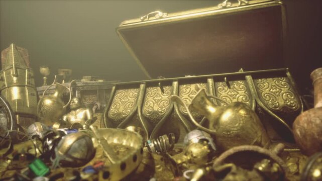 legendary treasure pile with gleaming crown and enchanted gems, mystical aura of dragon hoard in cavern glow, quest reward imagery with rune inscribed chalice