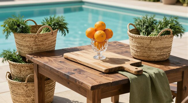 Oranges arranged in glass bowl on wooden table by poolside