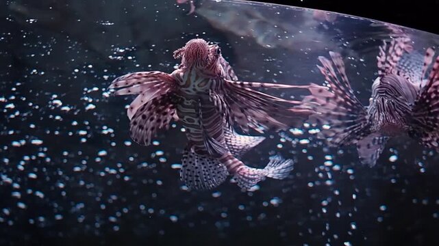 Exotic lionfish displaying its striped fins while hovering in a deep water exhibit inside a city oceanarium, spectacular venomous marine life on display for visitors, side view aquarium footage