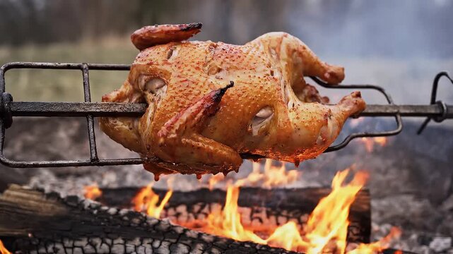 Whole Rotisserie Chicken Roasting Over Open Wood Fire Pit
