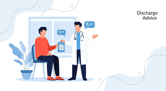 Doctor giving discharge advice to patient in clinic, medical consultation illustration