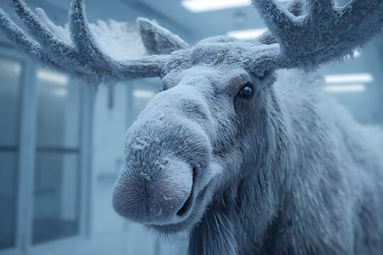 A majestic moose's face, completely coated in a pristine layer of white frost and snow, looks directly into the camera with a striking gaze, its powerful presence accentuated by the cool blue and ster