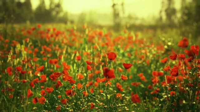 Sunset poppy silhouettes with soft film grain, retro color palette and warm dusk tones, layered foreground blooms against fading sky, cinematic composition