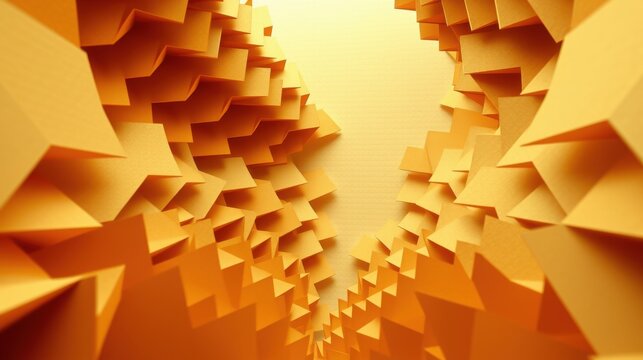 Abstract geometric shapes create tunnel illusion. Warm orange hues dominate composition, suggesting depth, light interaction.