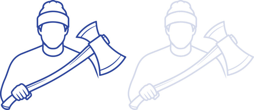 Lumberjack holding double-bit axe line art icon set isolated on white background
