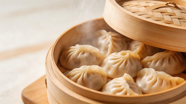 Steaming dumplings in bamboo steamer