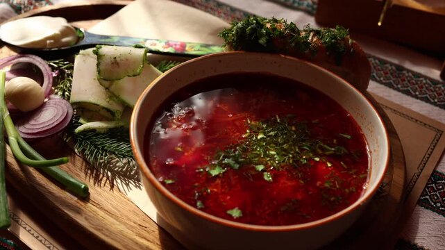Ukrainian borscht served with fresh herbs and traditional accompaniments on a wooden board
