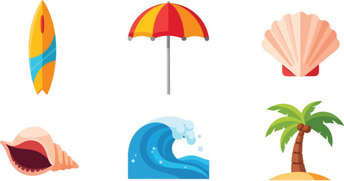 Flat of a surfboard, beach umbrella, seashells, wave, and palm tree on a white background, conch shell