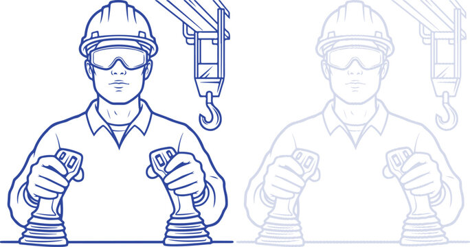 Construction worker operating crane controls with hard hat and goggles, line art illustration