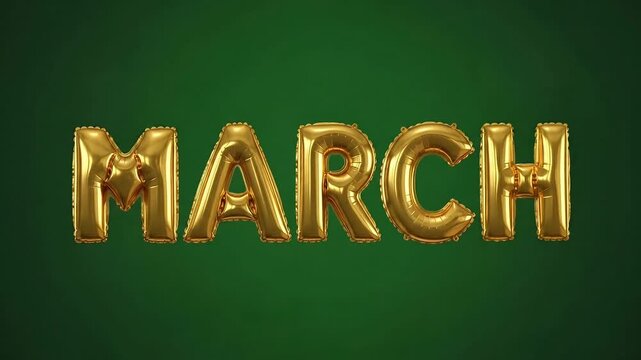 Golden foil balloons spelling M A R C floating on vibrant green background detail celebration