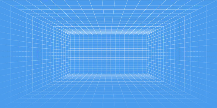 3d wireframe grid room. 3d perspective laser grid 16 9.. Cyberspace blue background with white mesh. Futuristic digital hallway space in virtual reality. Vector illustration.