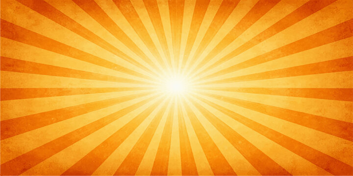 Bright abstract summer sunburst background featuring orange and yellow sun rays and a warm vector illustration design of a sunny sunrise explosion with bright sunlight beams and shining starburst ligh