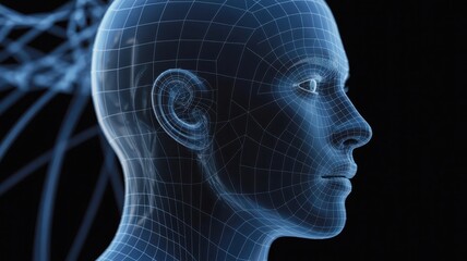 Obraz premium Blue digital human head profile with network connections