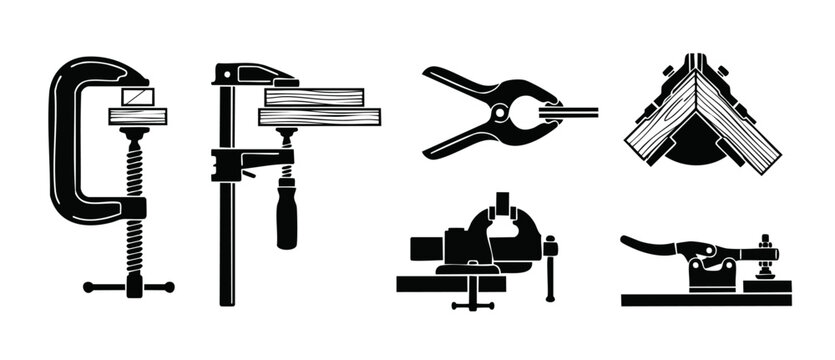 Woodworking Clamps Set Icons, Industrial Hardware Tools Collection for Carpentry and Construction, Steel C-Clamp, F-Clamp, Spring Clamp, Corner Clamp, Vise and Toggle Clamp Black Silhouettes Vector
