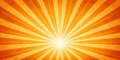Obraz premium A vibrant orange sunburst background features an abstract explosion of bright yellow sun rays and warm summer light beams in a sunny vector illustration design