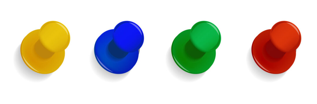 Office vector push pins set of shiny colorful plastic. Colored Thumbtack Office. Pins for pinning paper notes. Collection of shiny yellow, green, red, blue office pins.