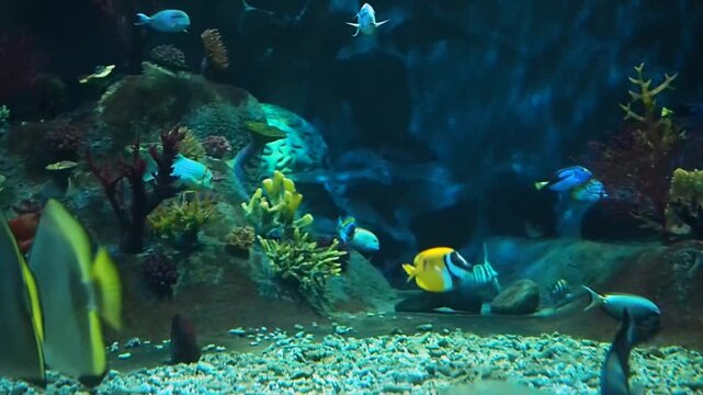Horizontal video of yellow foxface rabbitfish and a stingray swimming near a colorful coral reef in a large oceanarium tank, exotic saltwater fish in a public marine exhibit
