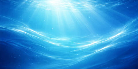 Fototapeta premium A bright blue abstract background features sunny rays of light shining through deep sea waves to create a vibrant summer underwater nature backdrop illustration