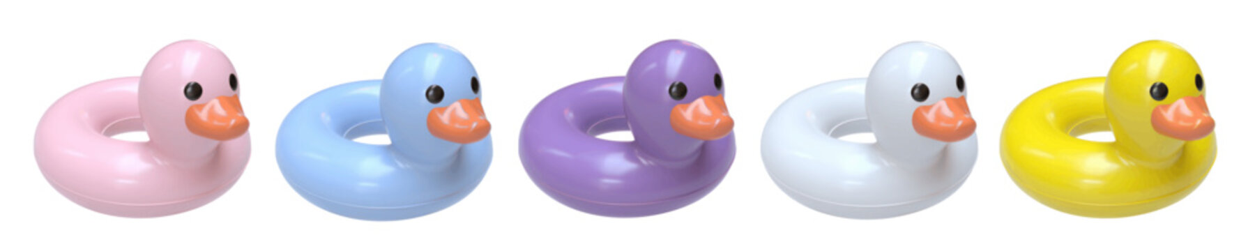 Cute colorful rubber duck swim ring float set in glossy 3D style. Realistic vector set, isolated, in different various colors. Modern 3D rendered inflatable duck floaties, pool floats collection.