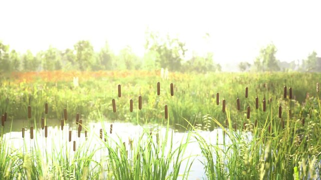 Bright wetland scene. Luminous cattail swamp with flowing water and insects. Radiant marshland filled with shimmering water and colorful plants and insects