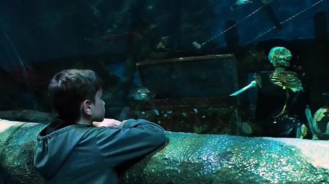 Horizontal view of a curious boy watching a pufferfish swimming near a pirate treasure chest and skeleton in an oceanarium tunnel, mysterious underwater themed display in a public oceanarium