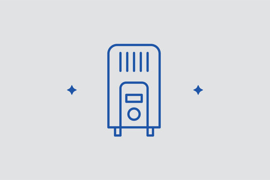 Compact air heater line icon for small room heating and personal warmth during winter. Efficient vector illustration for winter home safety guides and hardware store heating equipment sections.
