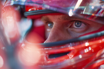 Fototapeta premium Formula 1 Driver in Cockpit with Red Helmet, Close-up of Focused Eyes and Anticipation Before Race Start, Motorsport Portrait Concept