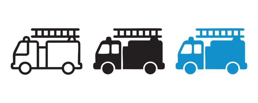 Fire truck icon set emergency vehicle symbols in outline, solid black, and blue styles fire engine firefighting equipment illustration