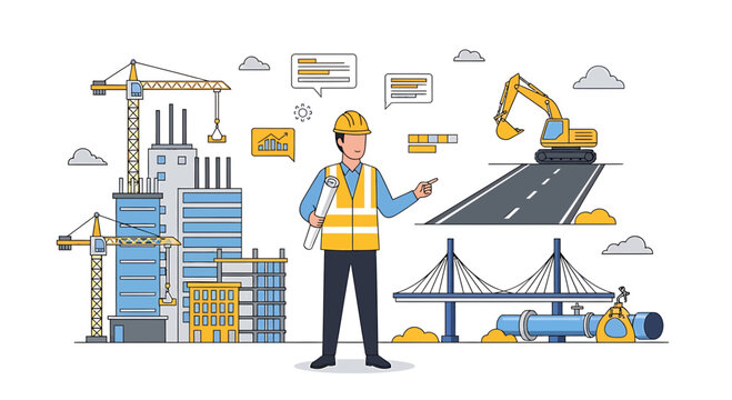 Construction worker, road building, infrastructure icons, yellow safety vest, industrial vector