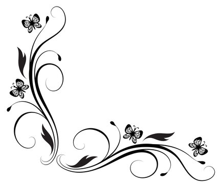 Floral corner ornament with butterflies and rose flowers vintage decorative border. Decorative element for decor and text greeting or invitation card design.