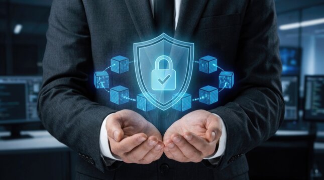 Protecting digital assets a man holding a glowing shield representing cybersecurity and data protection measures