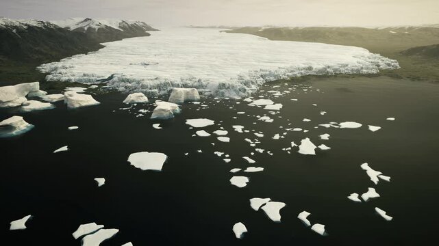 Antarctic melting ice shelf with water, aerial view showing opening dark pools and fractured edges, visual narrative for climate change, research monitoring
